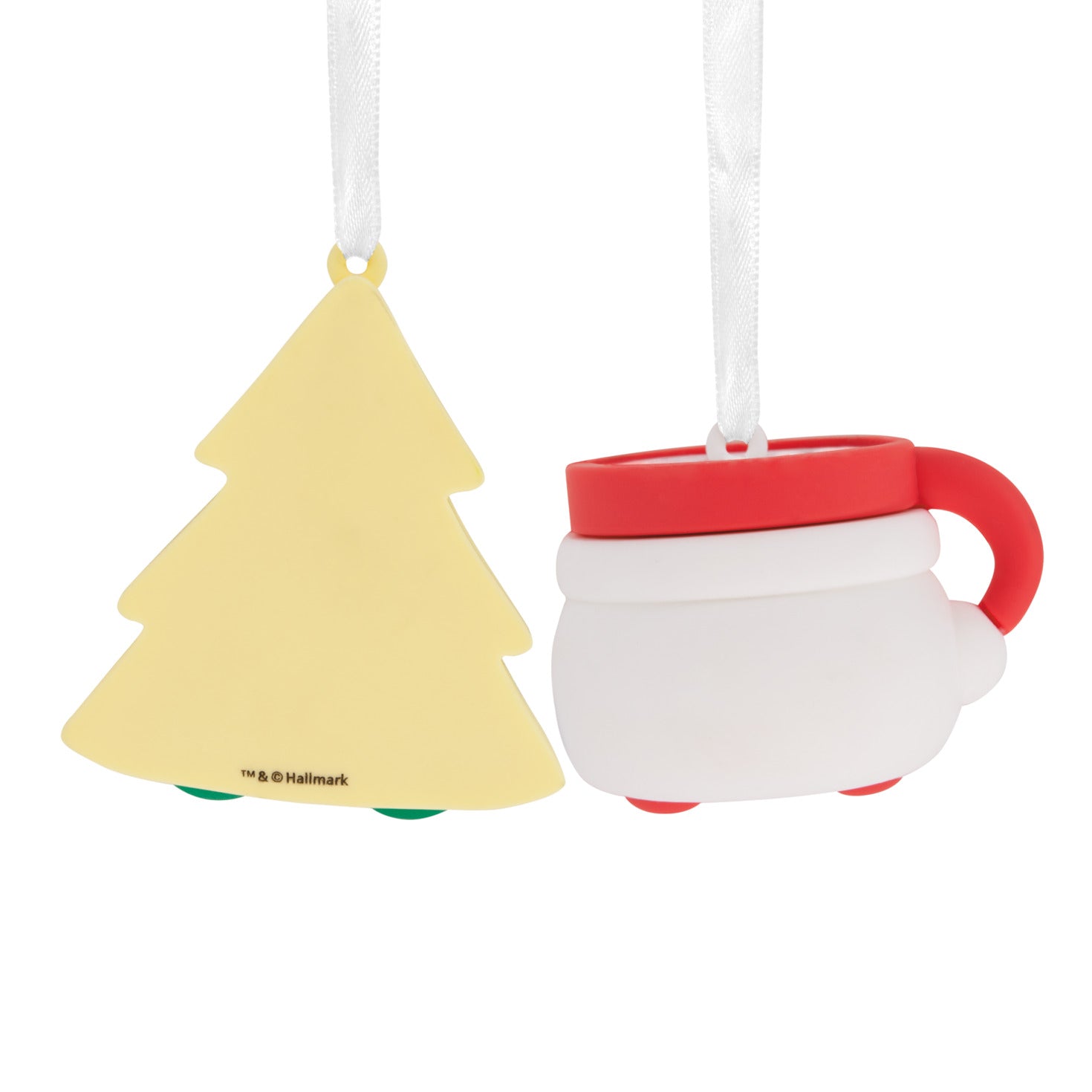 Better Together Santa Milk Mug and Christmas Tree Cookie Magnetic, shatterproof, flat lay showing both ornaments.