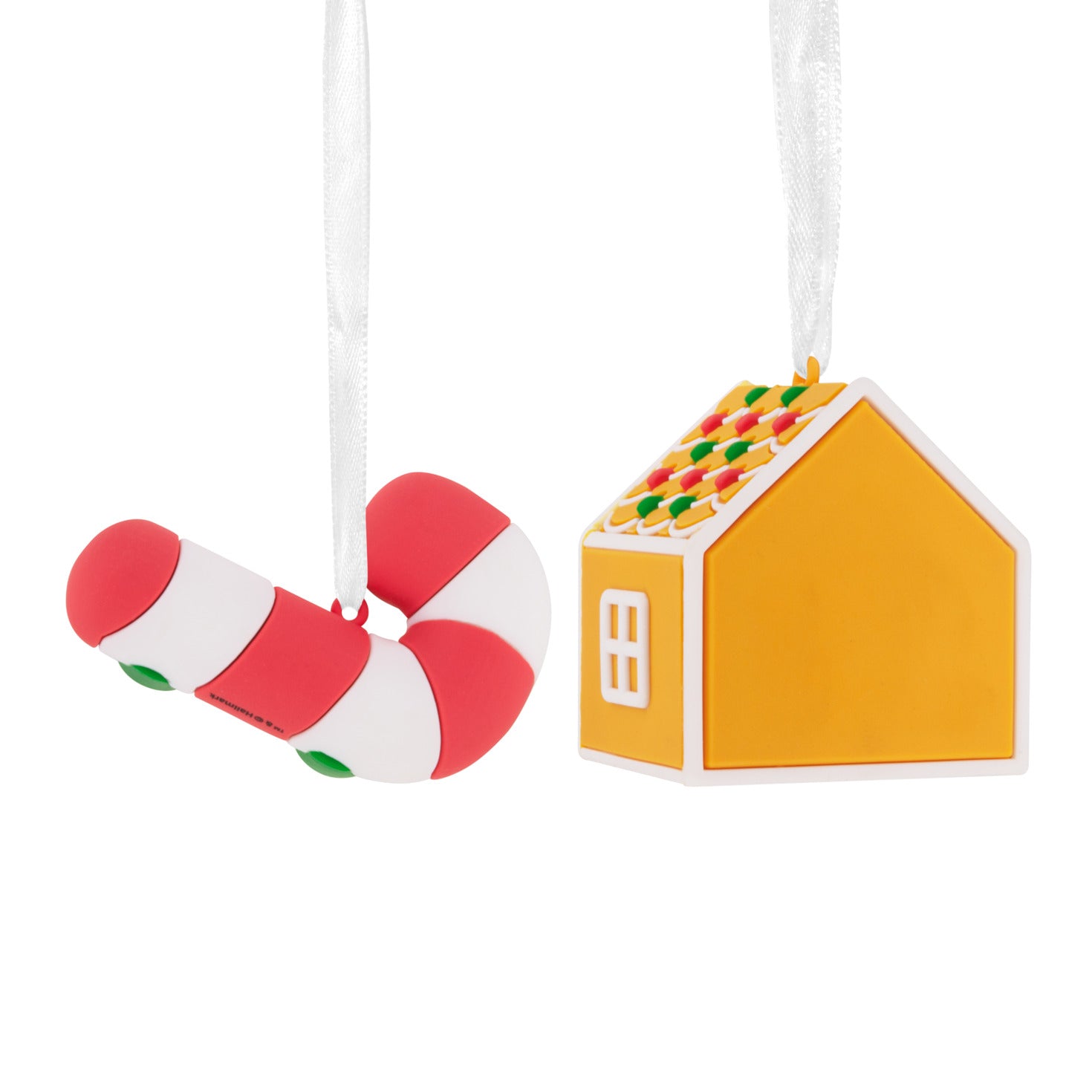 Better Together Gingerbread House and Candy Cane, shatterproof, set of 2 with colourful details, flat lay view.