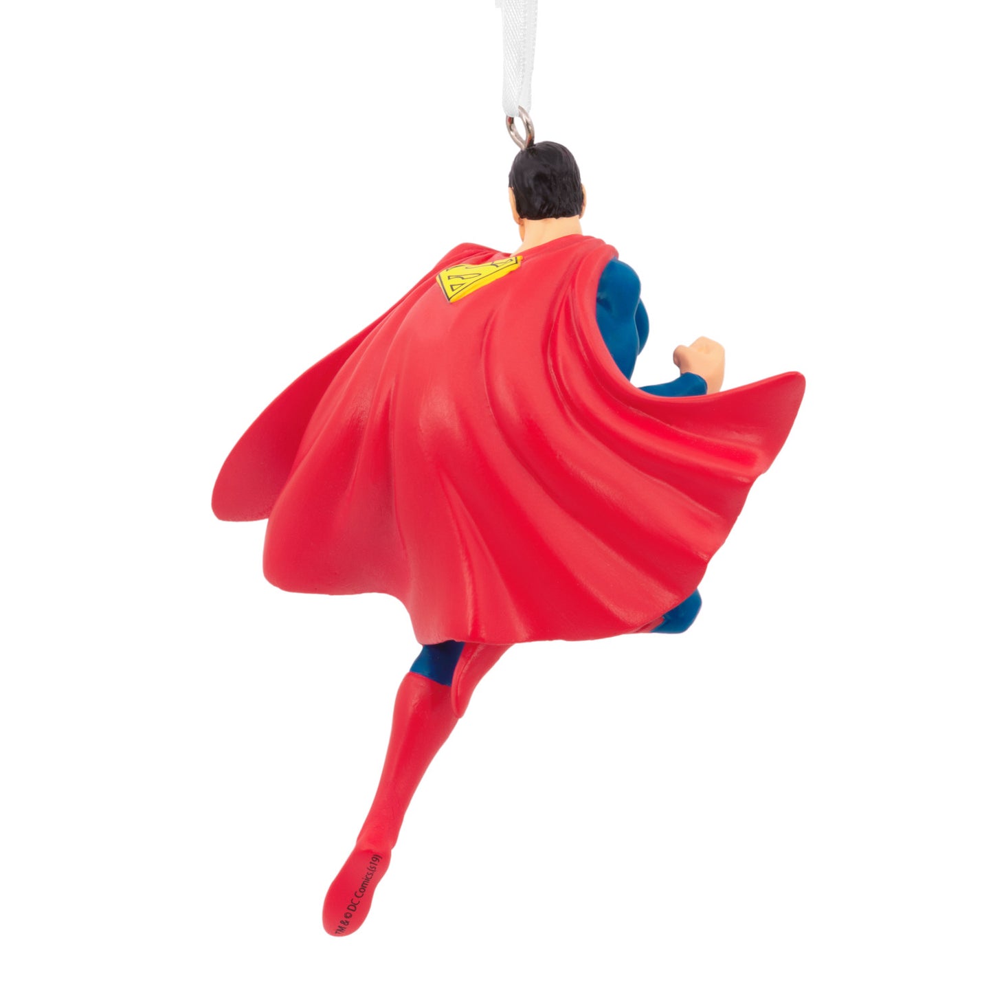 Resin Figural Superman ornament in vibrant red cape, angled rear view showcasing detail in motion.