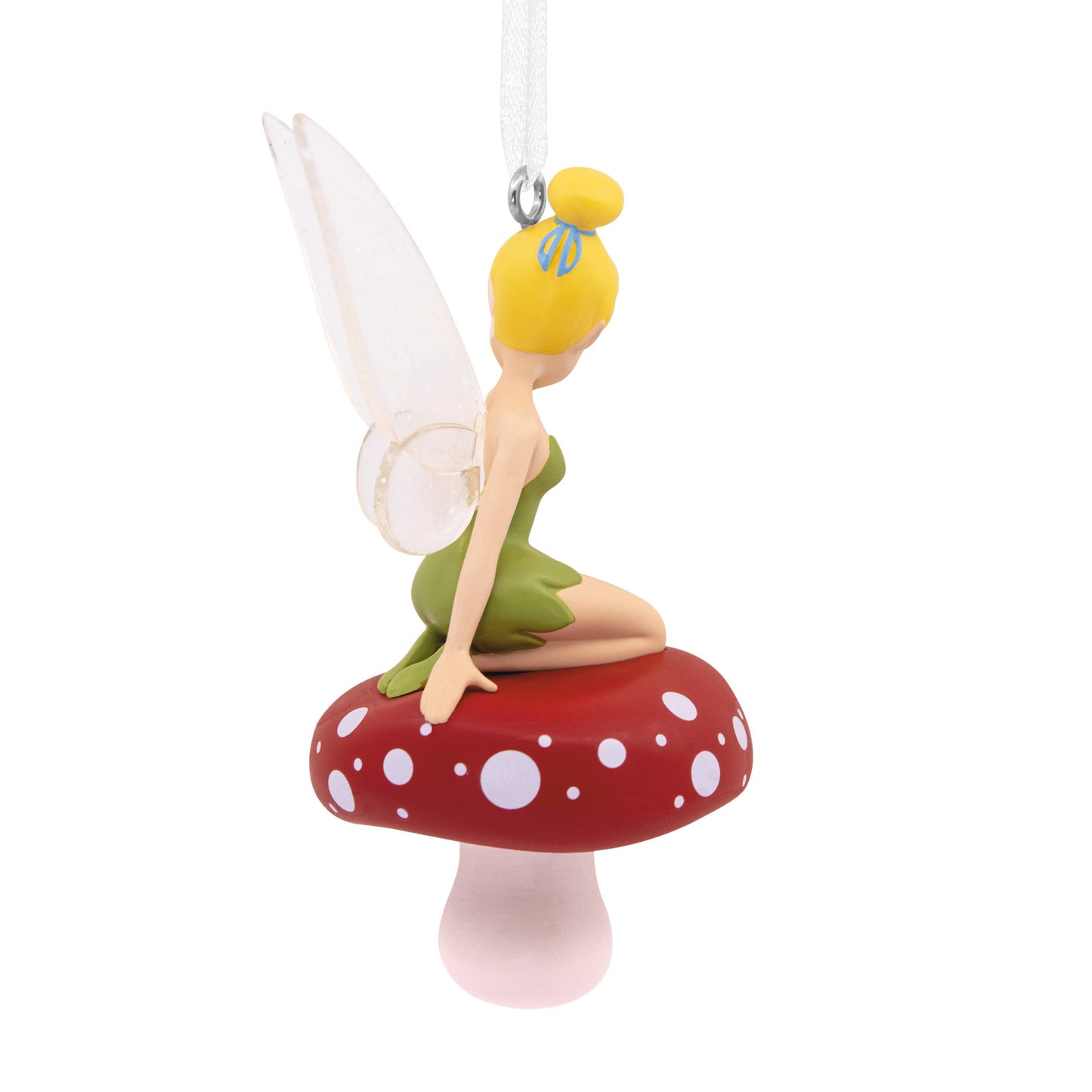 Hallmark Christmas Ornament - Disney Tinker Bell on Mushroom, colourful fairy perched on a red-and-white mushroom, close up view.