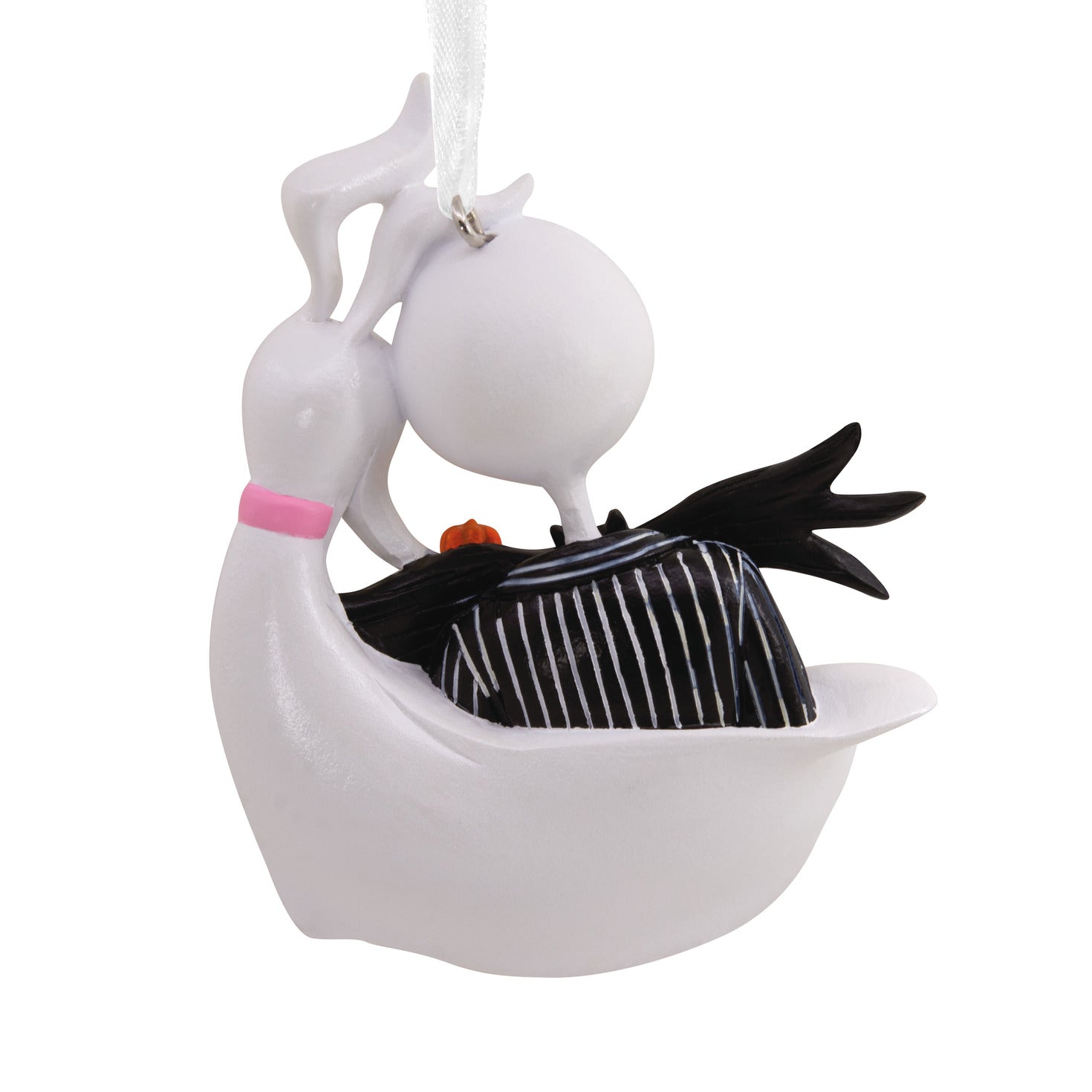 Hallmark Christmas Ornament - Disney Tim Burton's The Nightmare Before Christmas Jack Skellington and Zero on a ghost dog, angled view.