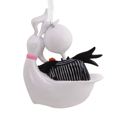 Hallmark Christmas Ornament - Disney Tim Burton's The Nightmare Before Christmas Jack Skellington and Zero on a ghost dog, angled view.