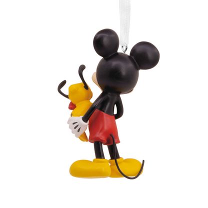 Hallmark Christmas Ornament - Disney Mickey Mouse Holding Puppy, back view showing classic shorts and cheerful expression.
