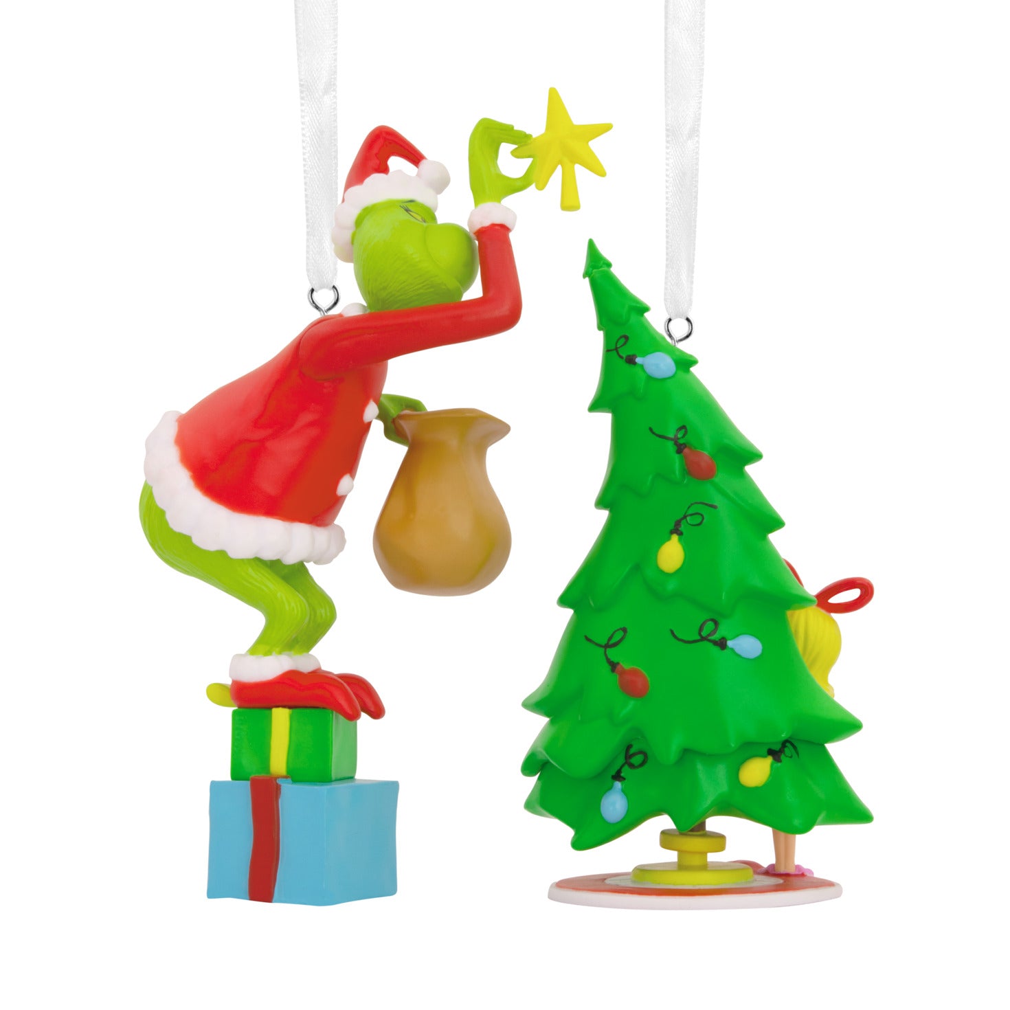 Hallmark Christmas Ornaments - Dr. Seuss's How the Grinch Stole Christmas! Grinch and Cindy-Lou Who, Set of 2, detailed hanging view with vibrant colours.