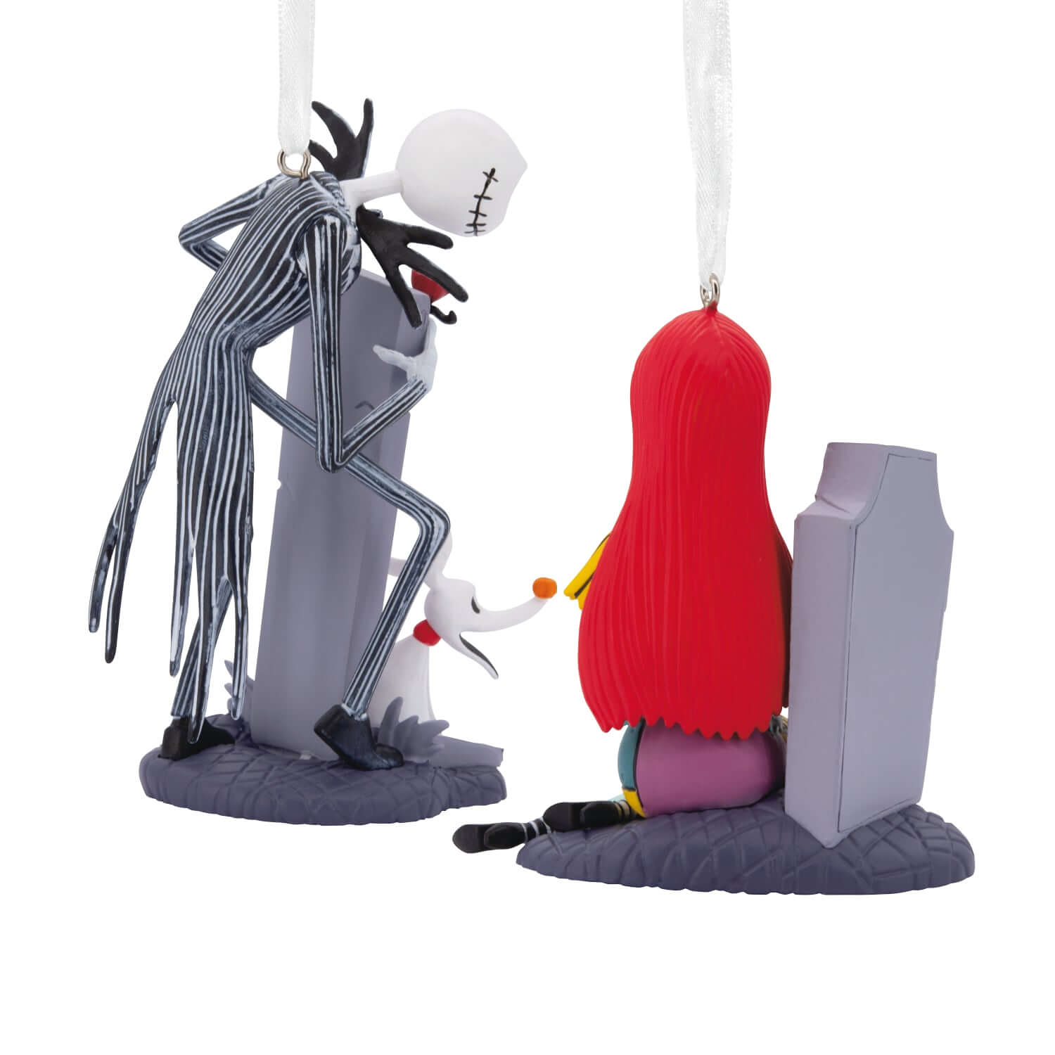 Disney Tim Burton's The Nightmare Before Christmas Jack and Sally with tombstones, set of 2, close-up of ornament details.