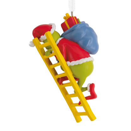Hallmark Christmas Ornament - Dr. Seuss's How the Grinch Stole Christmas! features the Grinch in Santa attire on a yellow ladder.