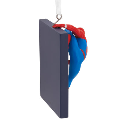 Hallmark Christmas Ornament - Marvel Spider-Man on Window, detailed view of Spider-Man clinging to a skyscraper panel.