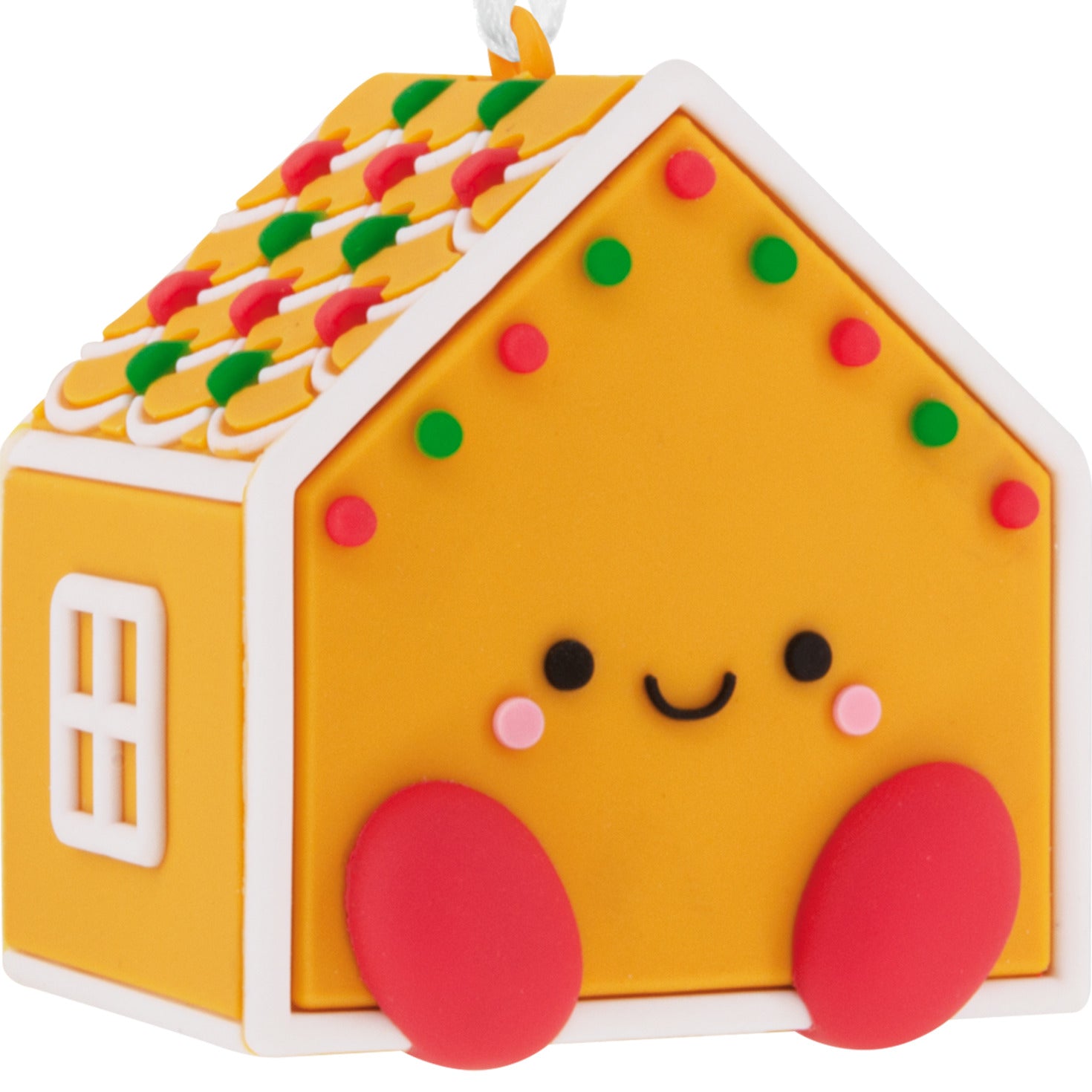Better Together Gingerbread House and Candy Cane, shatterproof, set of 2 - Hallmark Christmas ornament, close up of cheerful gingerbread house design