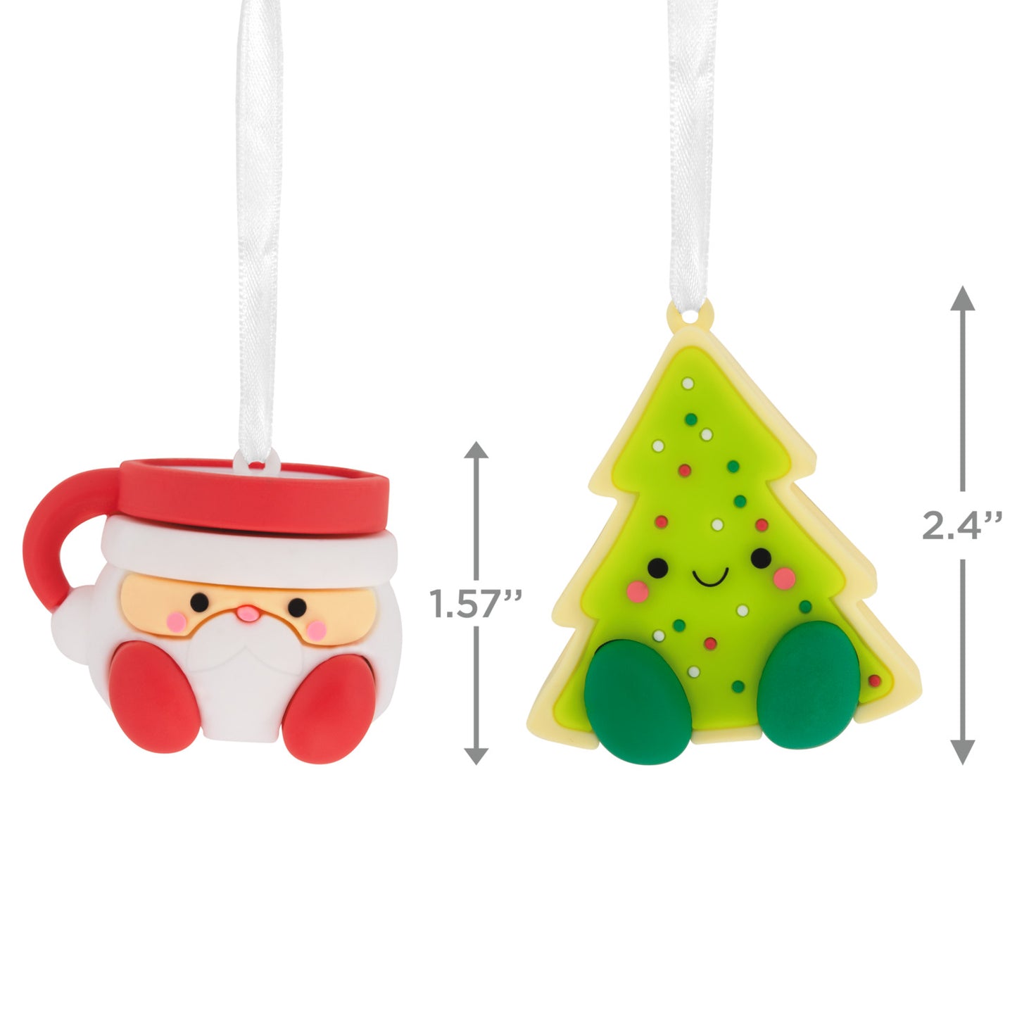 Better together Santa milk mug and Christmas tree cookie magnetic ornaments, bright colours, detailed view of size dimensions.