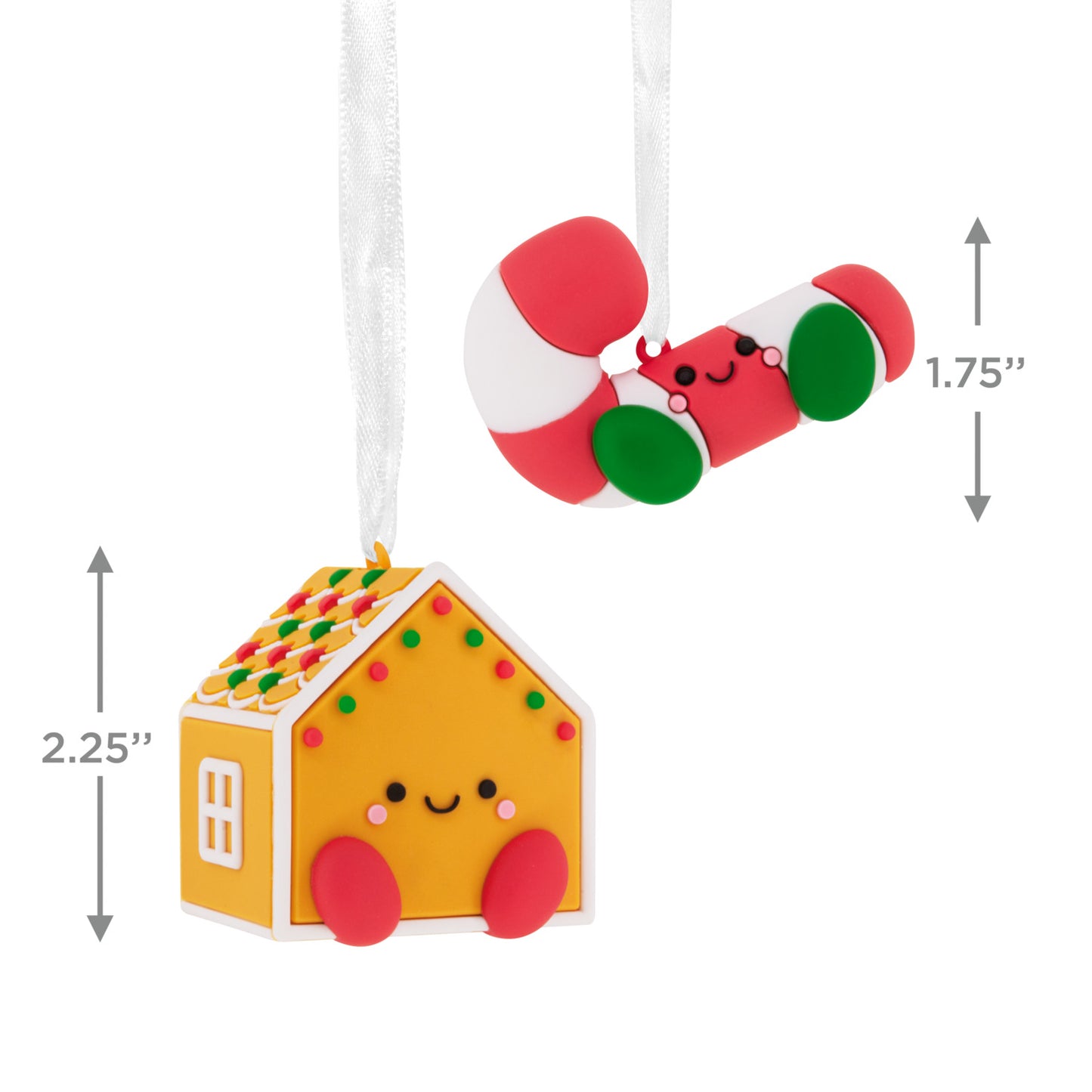 Better Together Gingerbread House and Candy Cane, shatterproof, set of 2 Christmas ornaments in vibrant colours with cute faces.