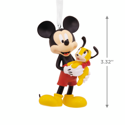 Hallmark Christmas Ornament - Disney Mickey Mouse Holding Puppy in a colourful design, captured in a close-up view, measuring 8.4cm.
