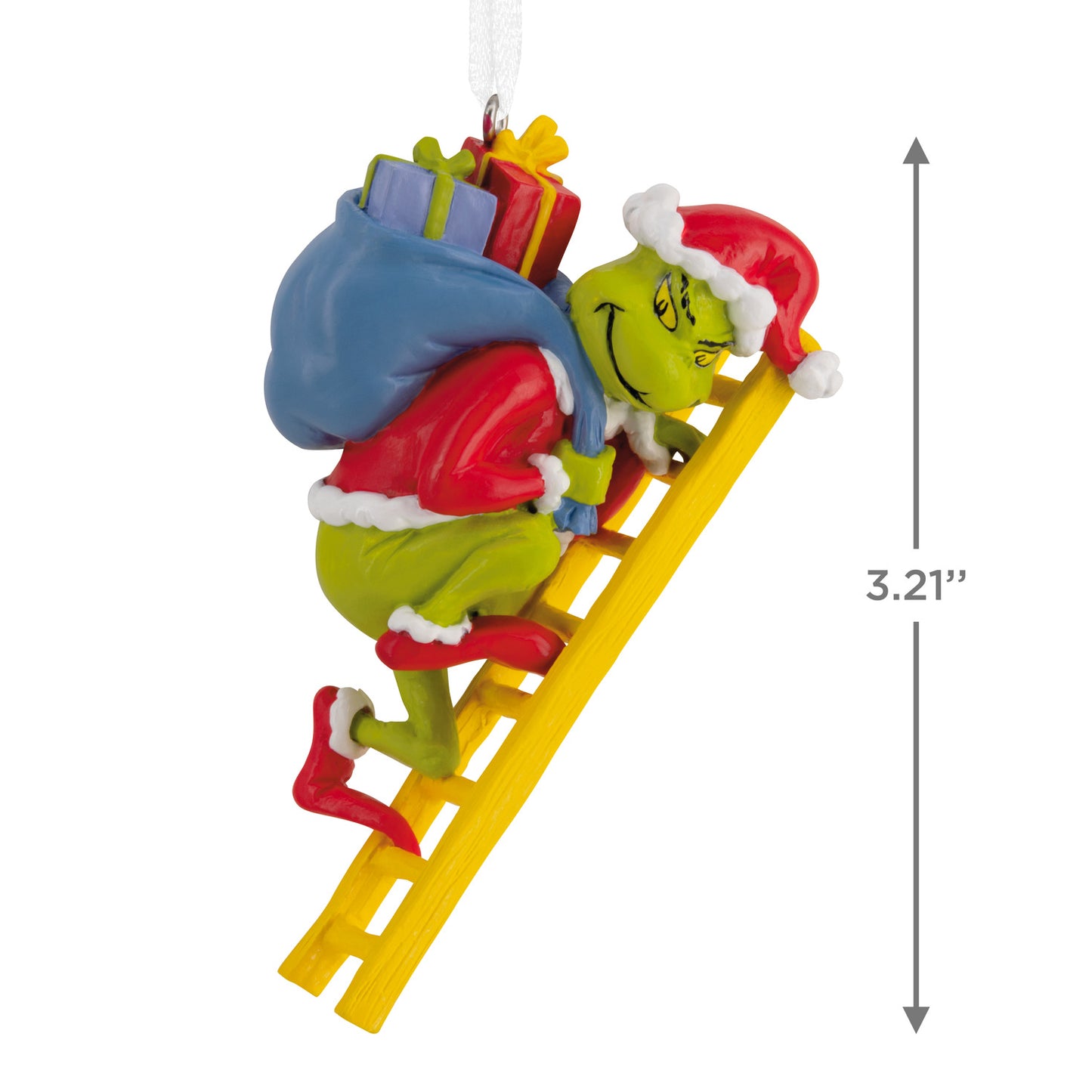 Hallmark Christmas Ornament - Dr. Seuss's How the Grinch Stole Christmas! features the Grinch climbing a ladder with stolen gifts, 8.15 cm tall.