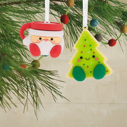 Better Together Santa Milk Mug and Christmas Tree Cookie Magnetic, shatterproof set of 2 with vibrant colours and cheerful designs hanging on a festive tree.