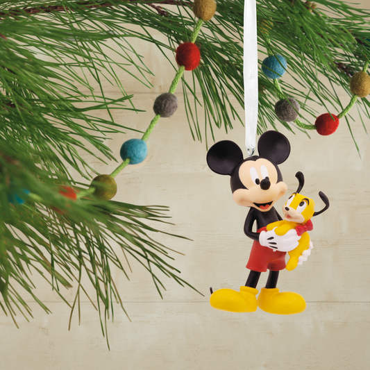 Hallmark Christmas Ornament - Disney Mickey Mouse Holding Puppy, vibrant hanging decoration, Mickey in red shorts with a yellow shoe.