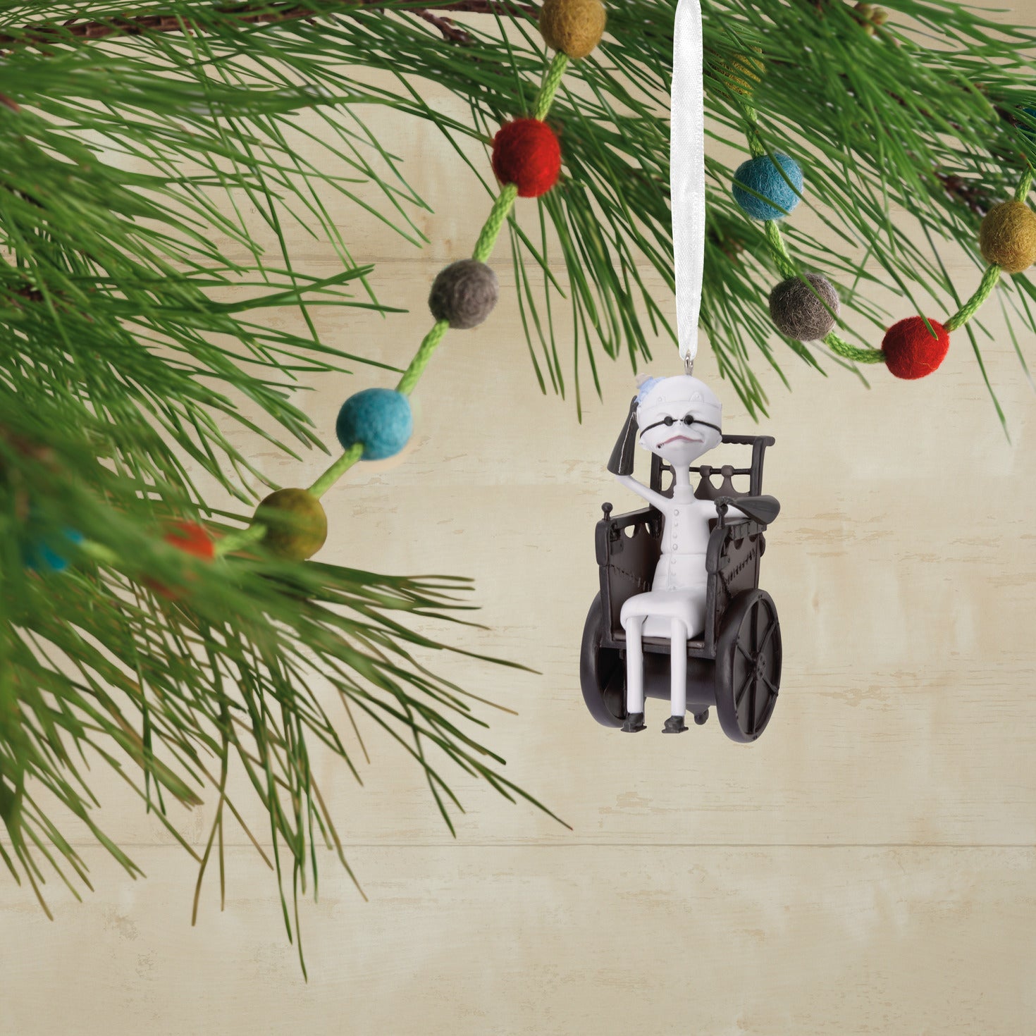 Hallmark Christmas Ornament - Disney Tim Burton's The Nightmare Before Christmas Dr. Finkelstein hanging among Christmas decorations, detailed design.