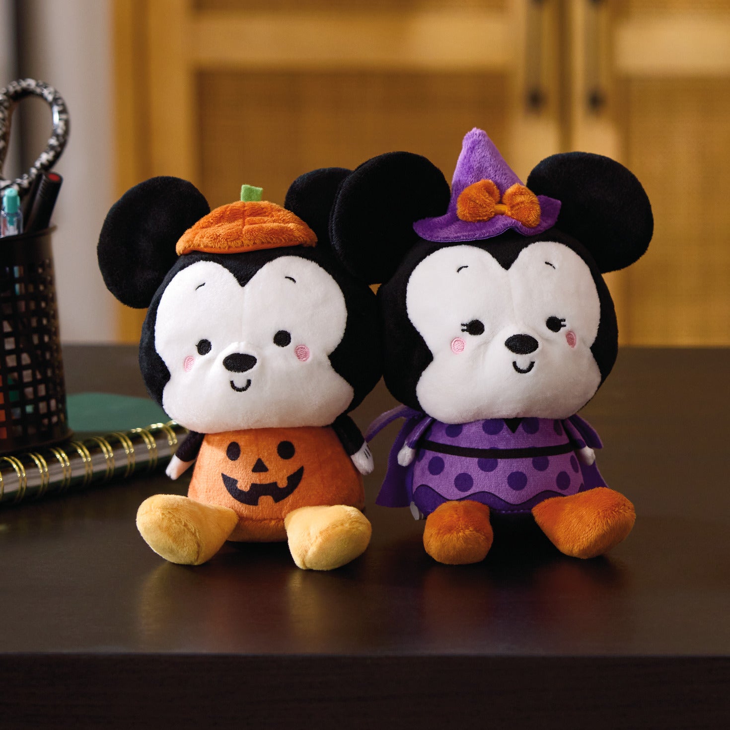 Disney Mickey Mouse & Minnie Mouse Halloween Magnetic Plush – Better Together, cute plush pair, Mickey in pumpkin costume, Minnie in witch hat, flat lay