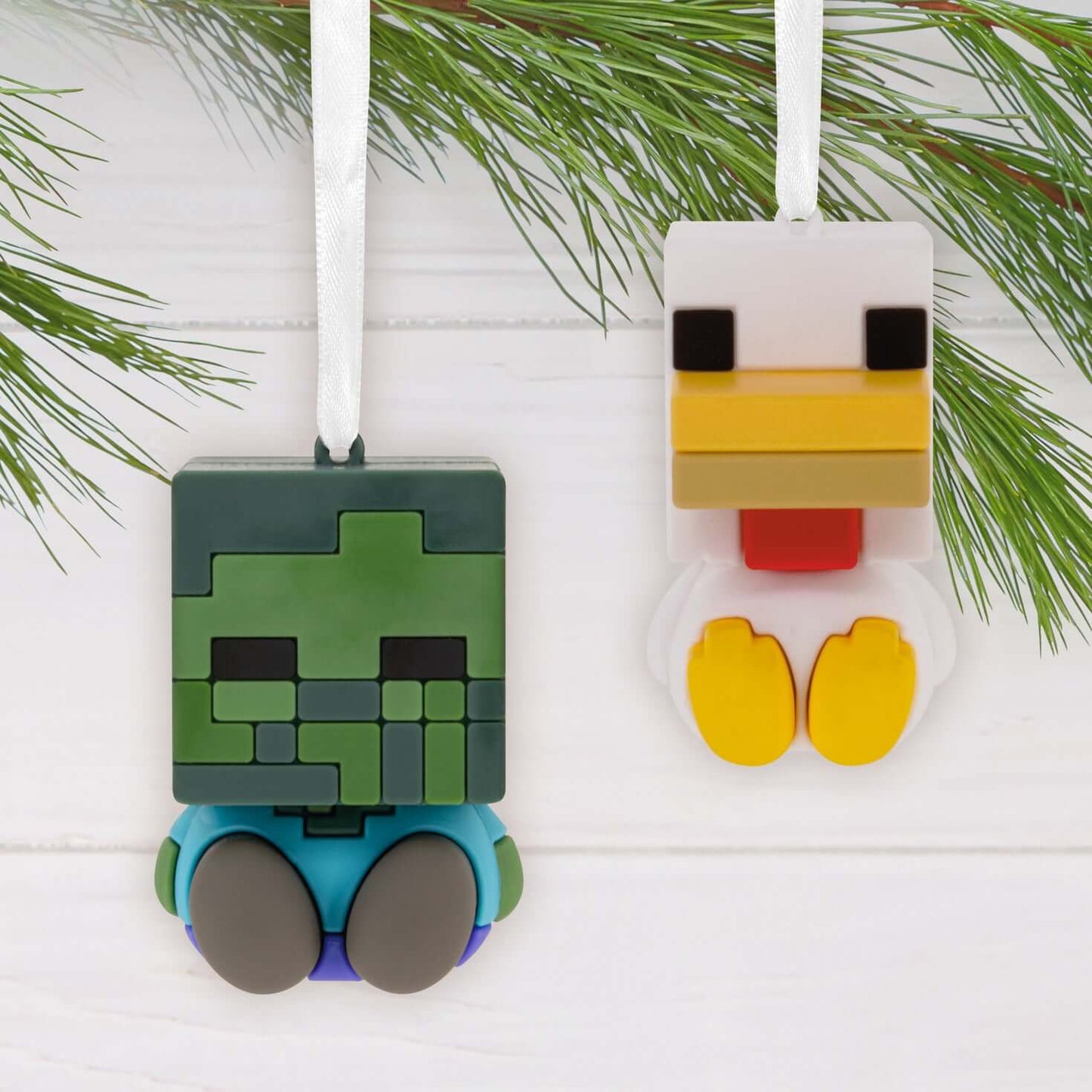 Better Together Minecraft Zombie and Chicken Jockey Magnetic, Set of 2 - Hallmark Christmas Ornament, flat lay showing colourful designs and shiny details.