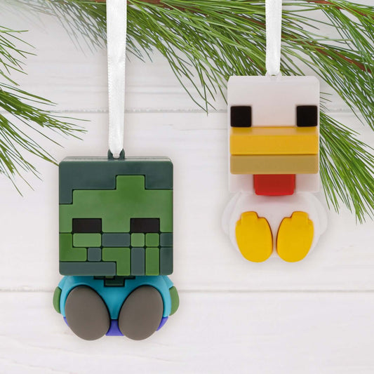 Better Together Minecraft Zombie and Chicken Jockey Magnetic, Set of 2 - Hallmark Christmas Ornament, flat lay showing colourful designs and shiny details.