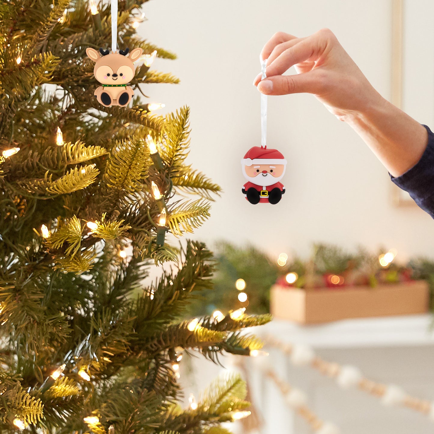 Better Together Santa and Reindeer Magnetic, Shatterproof, Set of 2 - Hallmark Christmas Ornament hanging on a decorated tree.