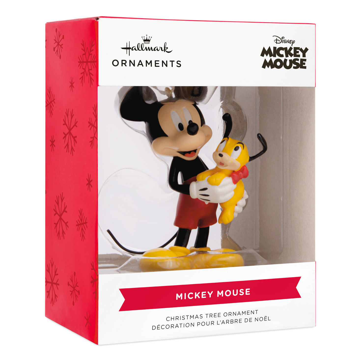 Hallmark Christmas ornament - Disney Mickey Mouse holding puppy in box display, featuring bright colours and festive design.