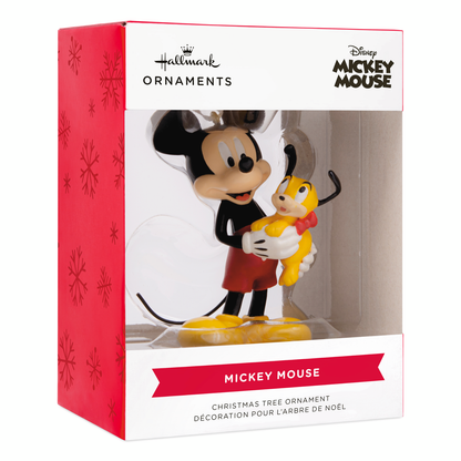 Hallmark Christmas ornament - Disney Mickey Mouse holding puppy in box display, featuring bright colours and festive design.