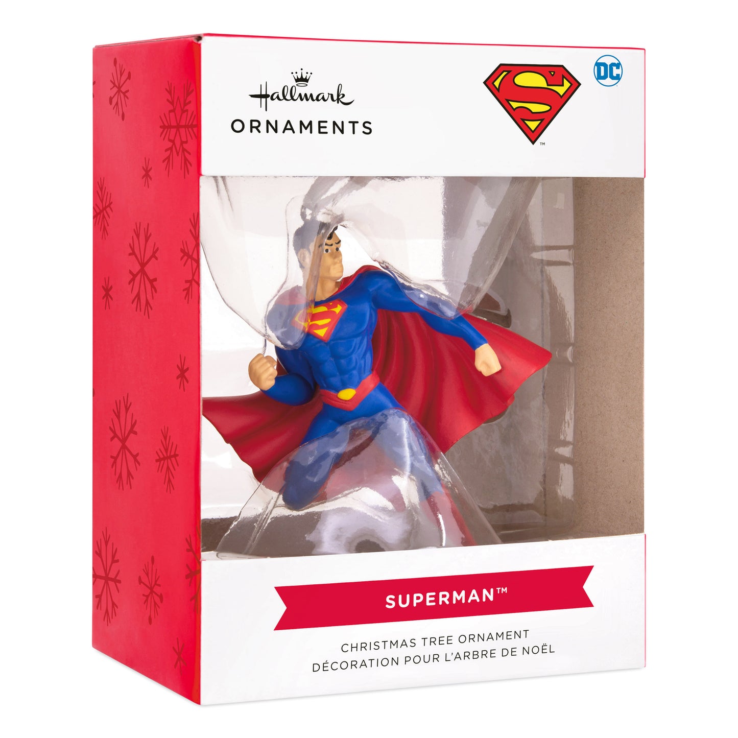 Resin Figural Superman Christmas tree ornament in decorative packaging, featuring Superman in action pose with vibrant colours.
