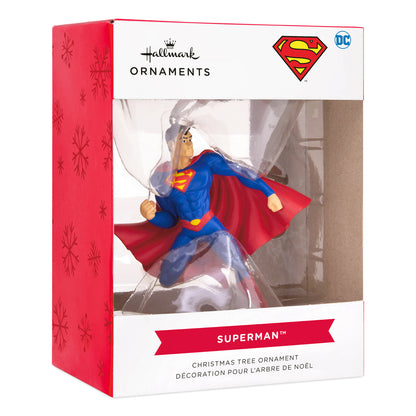 Resin Figural Superman Christmas tree ornament in decorative packaging, featuring Superman in action pose with vibrant colours.