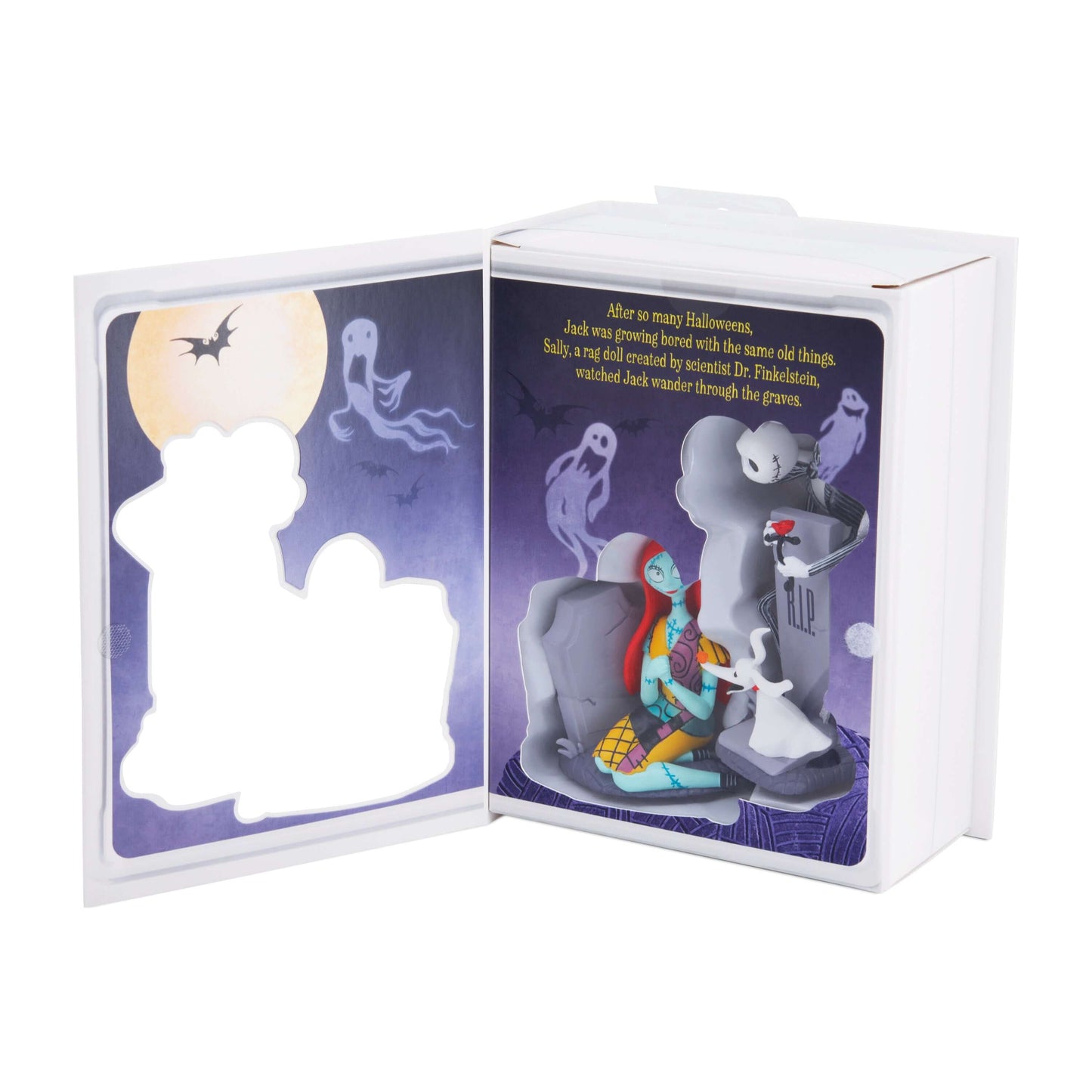 Disney Tim Burton's The Nightmare Before Christmas Jack and Sally With Tombstones, Set of 2 - Hallmark Christmas Ornament in themed storage box with ghost backdrop.