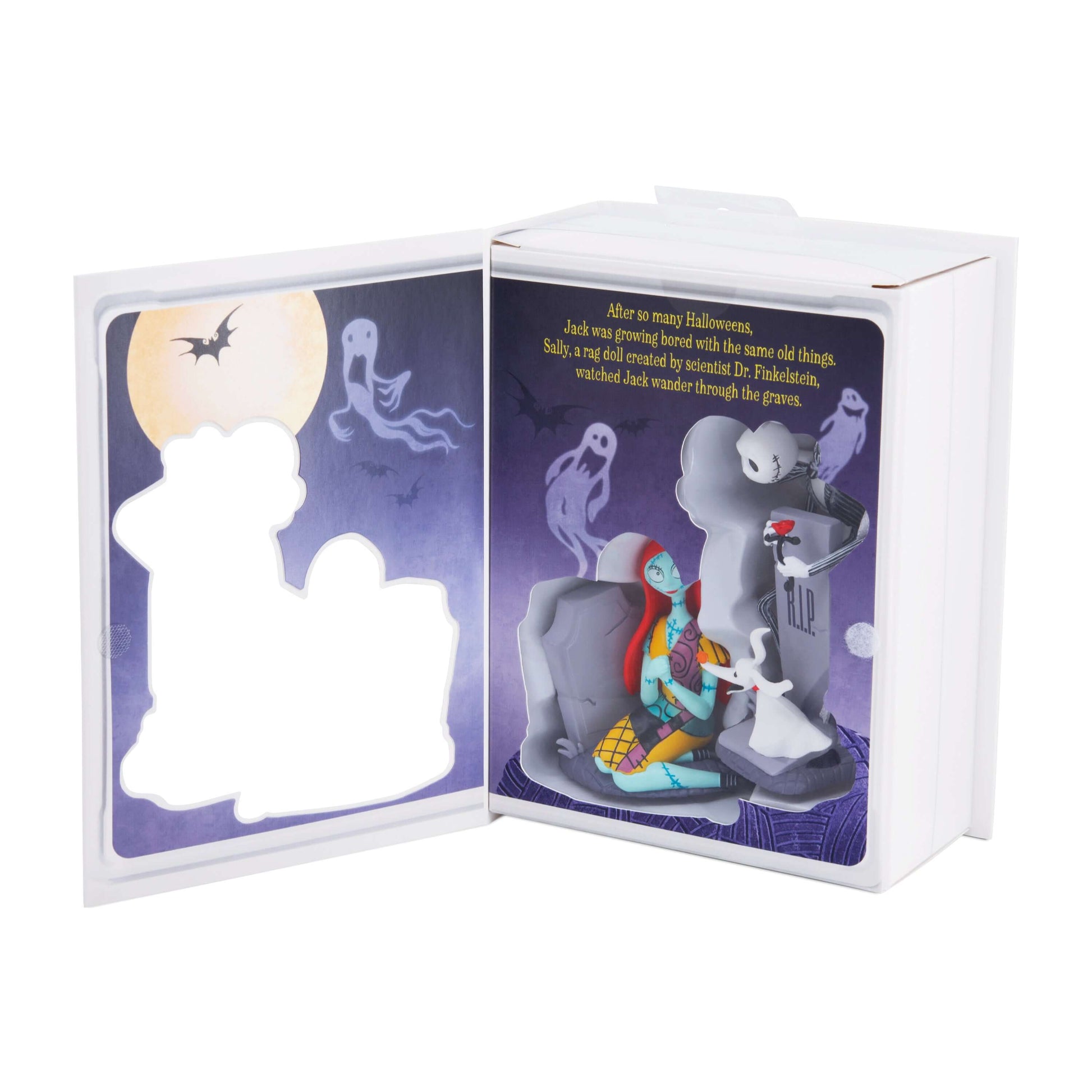 Disney Tim Burton's The Nightmare Before Christmas Jack and Sally With Tombstones, Set of 2 - Hallmark Christmas Ornament in themed storage box with ghost backdrop.