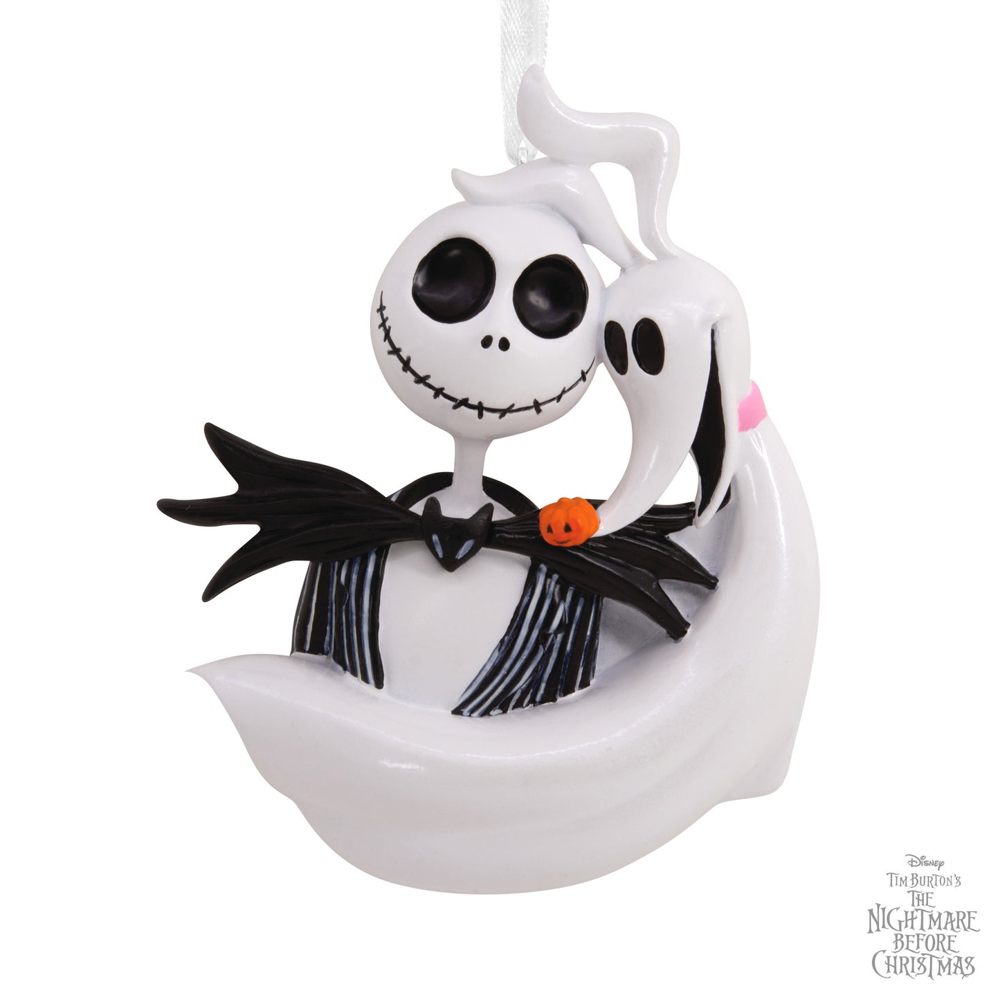 Hallmark Christmas Ornament - Disney Tim Burton's The Nightmare Before Christmas Jack Skellington and Zero, close-up view with intricate details.