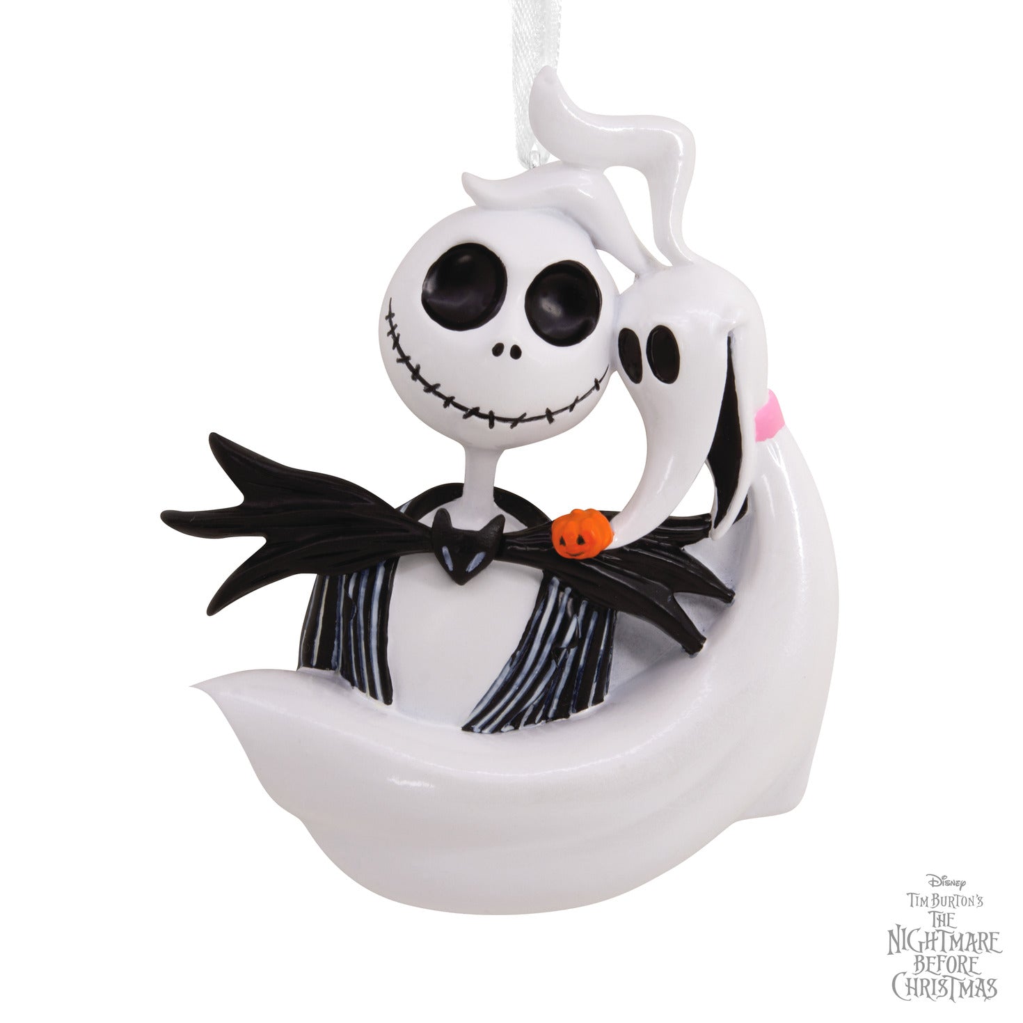 Hallmark Christmas Ornament - Disney Tim Burton's The Nightmare Before Christmas Jack Skellington and Zero, close-up view with intricate details.