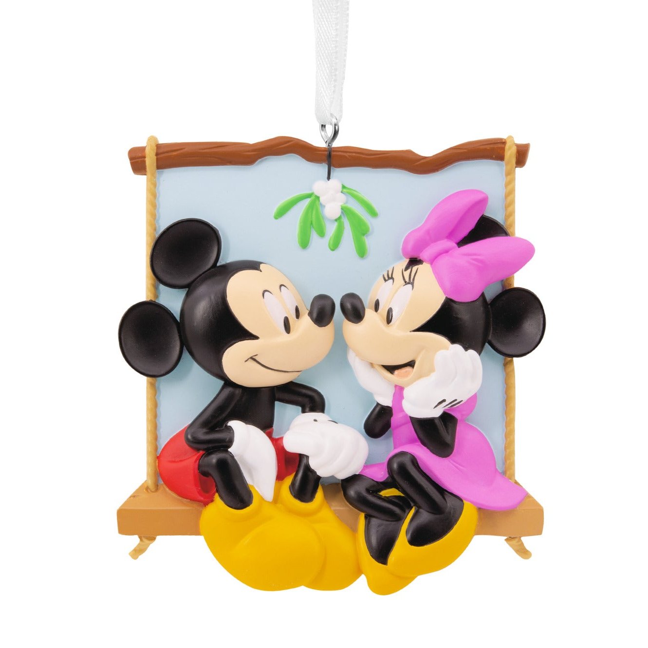 Hallmark Christmas Ornament - Disney Mickey and Minnie on Swing features the beloved couple smiling under mistletoe, ideal for festive celebrations.