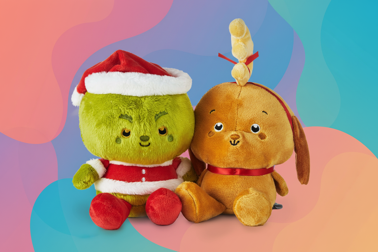 Better Together Dr. Seuss™ Grinch and Max Magnetic Plush Pair, soft plush toys, vibrant colours, close-up view on a pastel background.