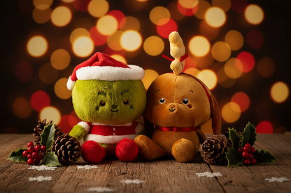 Better Together Dr. Seuss™ Grinch and Max Magnetic Plush Pair with Christmas details, featuring Grinch in a Santa hat and Max with reindeer antler, flat lay.