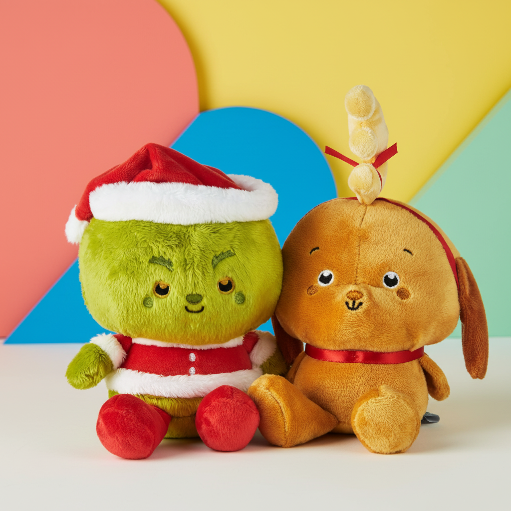 Better Together Dr. Seuss™ Grinch and Max Magnetic Plush Pair, soft plush duo in festive attire, on a colourful background.