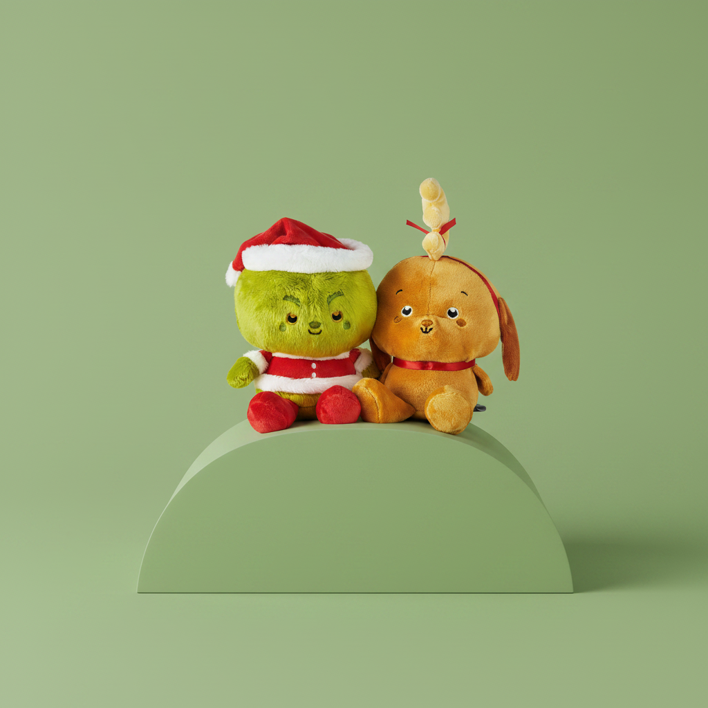 Two plush toys, one green and one brown, sitting on a green platform against a light green background.