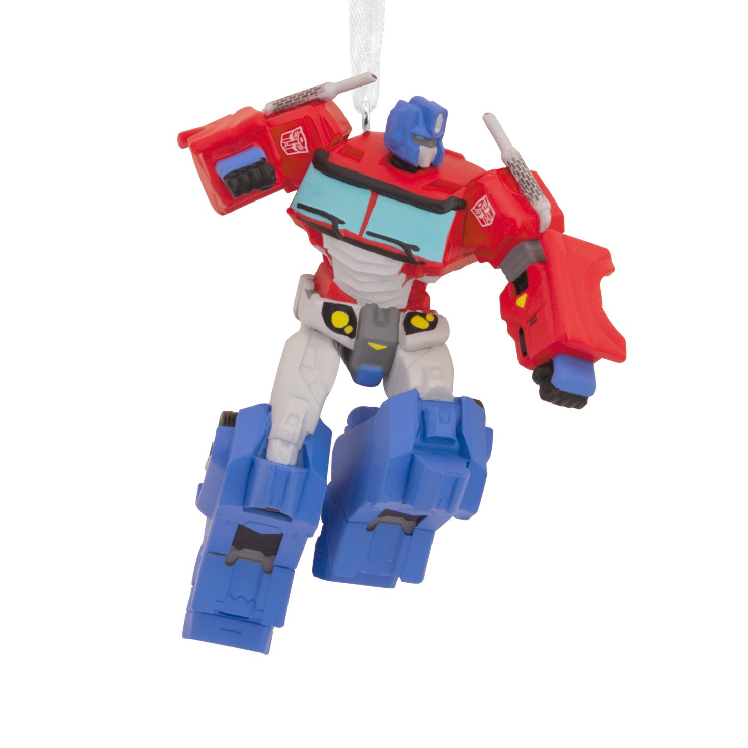 Hasbro Transformers Optimus Prime - Hallmark Christmas Ornament in vibrant red and blue, hanging from a silver ribbon.