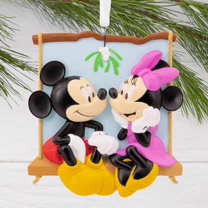 Hallmark Christmas ornament - Disney Mickey and Minnie on swing, colourful design with mistletoe, detailed close up view
