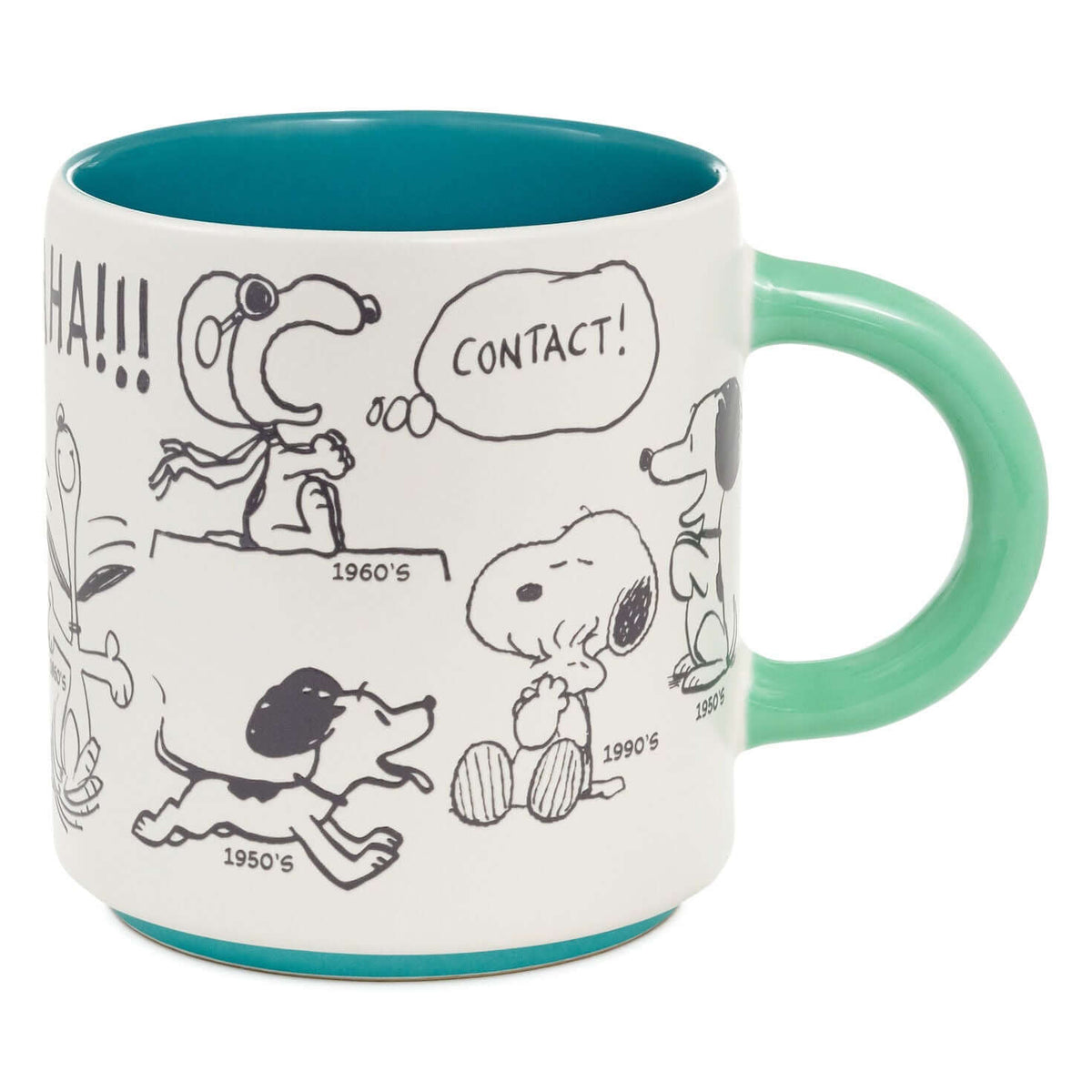 Peanuts® 75th Anniversary Snoopy Through the Decades Mug, 17.5 oz. features grey character sketches on white ceramic with turquoise interior.