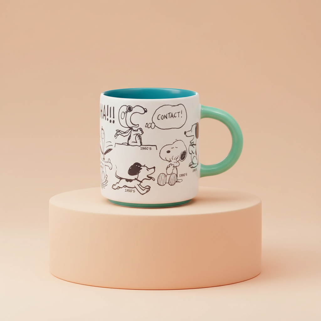 Peanuts Snoppy Mug with cartoon design on a beige background