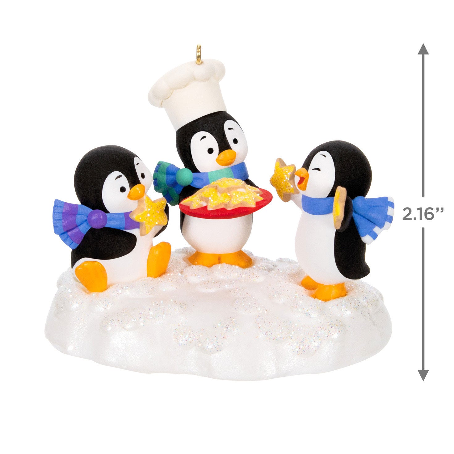 Cookie Exchange — Hallmark Keepsake Christmas Ornament featuring playful penguins baking cookies, 2.16 inch plastic ornament with snowy base.