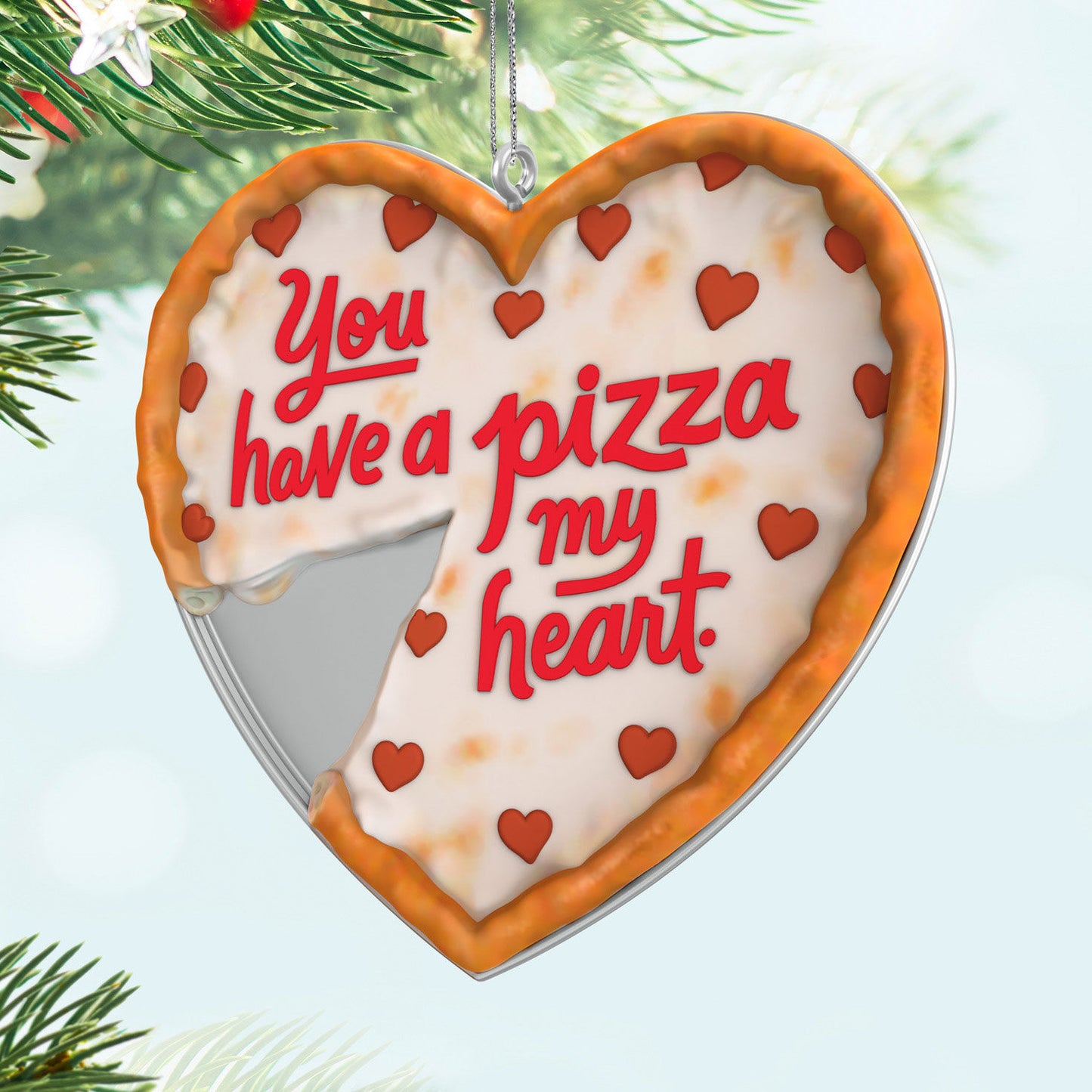Pizza My Heart — Hallmark Keepsake Ornament featuring heart-shaped design with red lettering, displayed against festive greenery.
