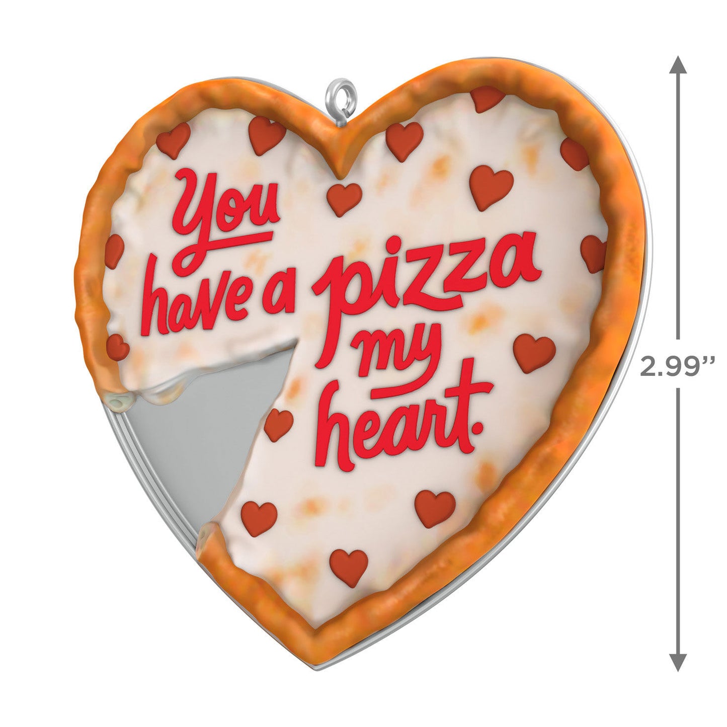 Pizza My Heart — Hallmark Keepsake Ornament featuring heart-shaped pizza design with red lettering and heart-shaped pepperonis in a close-up view.