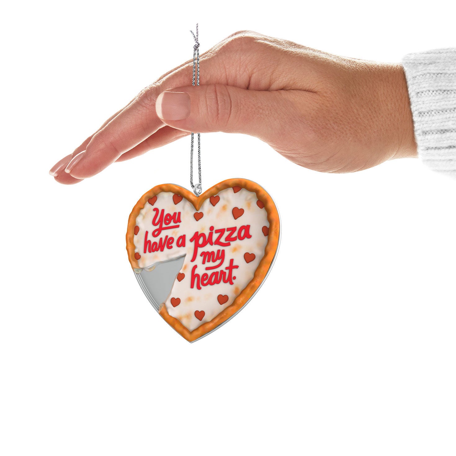 Pizza My Heart — Hallmark Keepsake Ornament held by a hand, showcasing heart-shaped design and playful lettering.