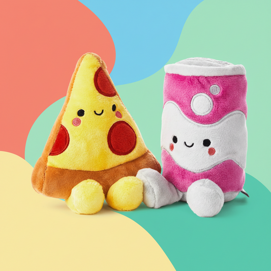 Pizza & Soda, Magnetic Plush Pair - Better Together in vibrant colours with embroidered details and weighted bodies.