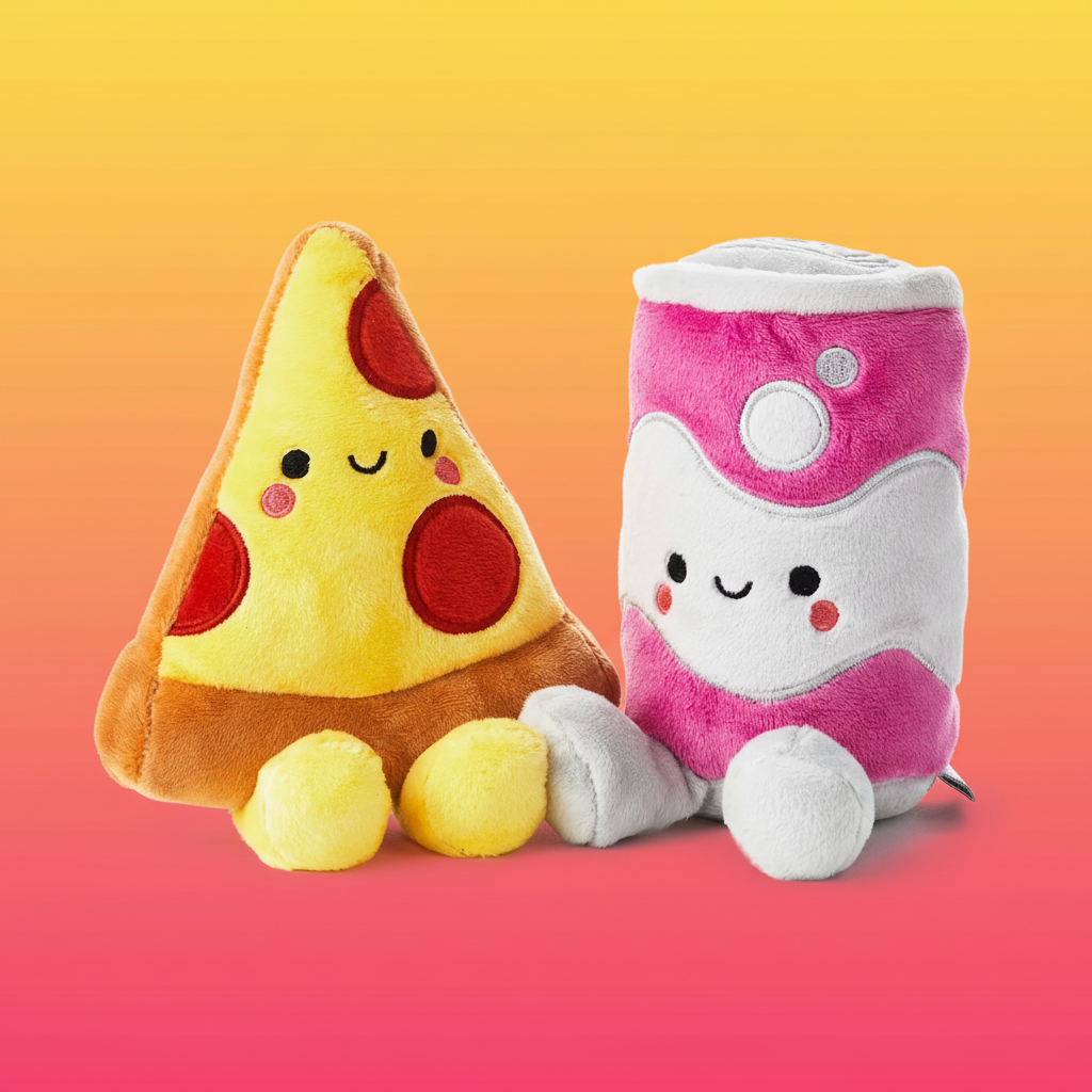 Pizza & Soda, Magnetic Plush Pair - Better Together in vibrant colours, showcasing cute pizza slice and soda can plushies on a gradient background.