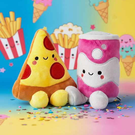 Pizza & soda, magnetic plush pair - Better Together in vibrant colours with cheerful expressions, set against a fun, colourful background.