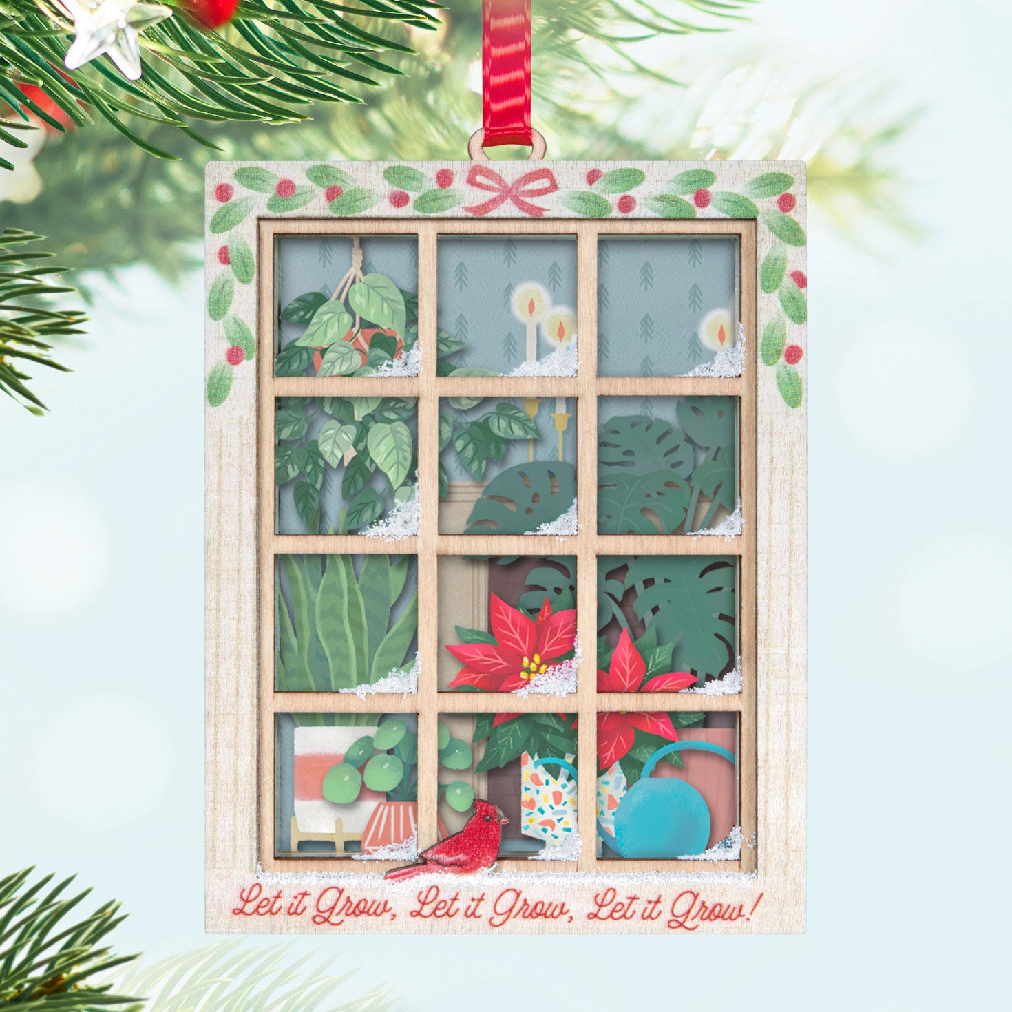 Let It Grow! Papercraft — Hallmark Keepsake Christmas Ornament, festive wooden frame, detailed plant scene and red cardinal.