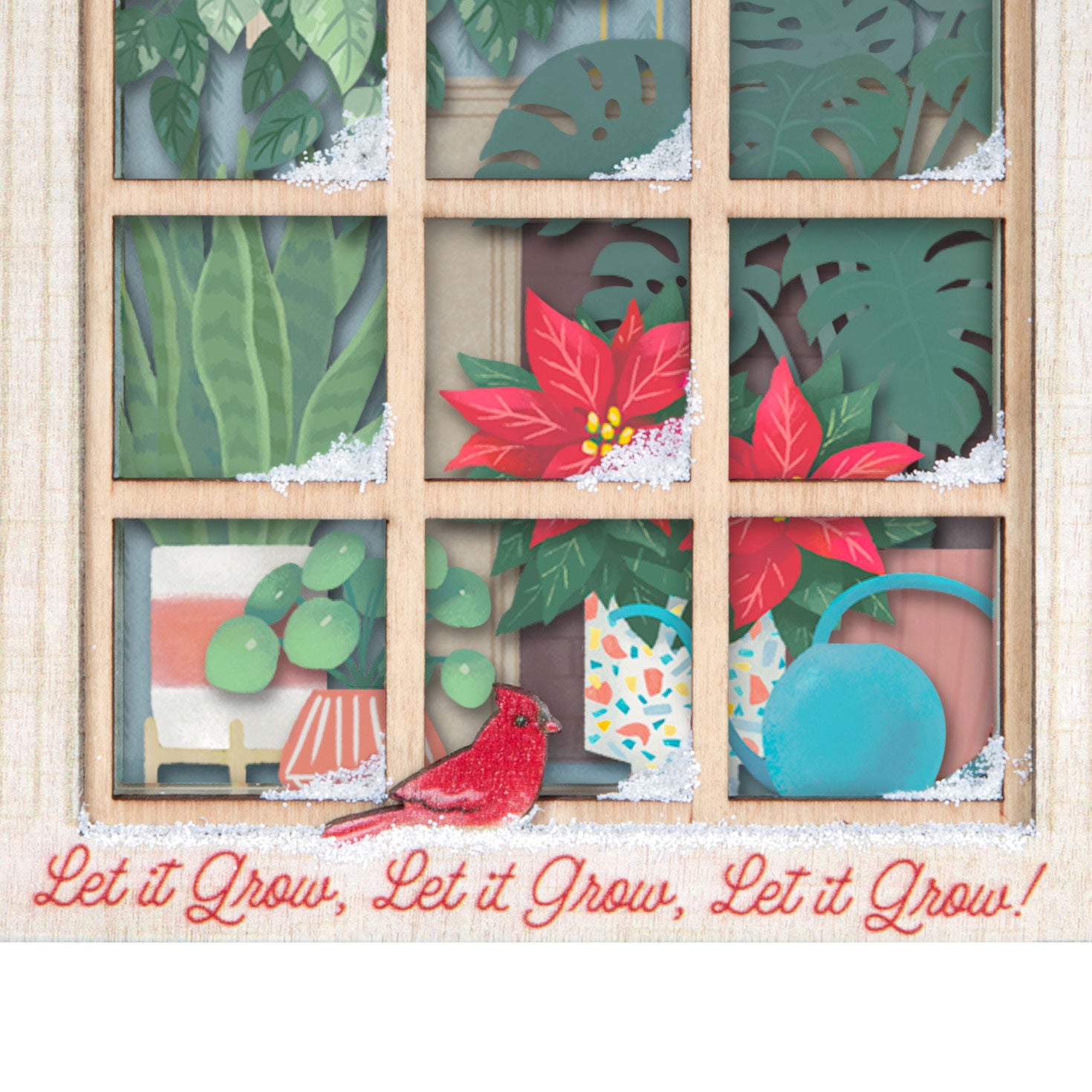 Let It Grow! Papercraft — Hallmark Keepsake Christmas Ornament featuring intricate papercraft plants, a red cardinal, and snowy window detail.