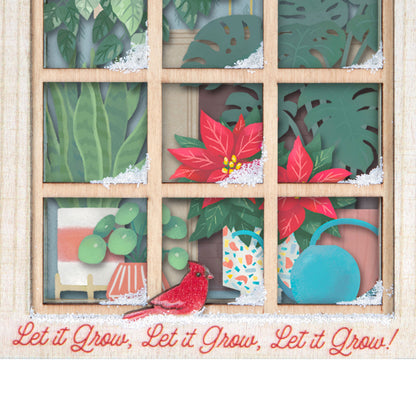 Let It Grow! Papercraft — Hallmark Keepsake Christmas Ornament featuring intricate papercraft plants, a red cardinal, and snowy window detail.